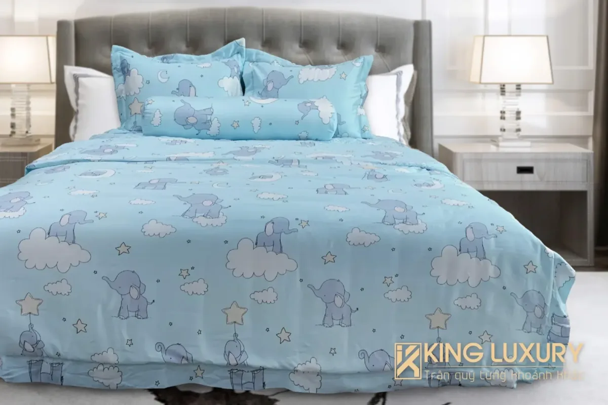 Bộ chăn ga Katakura Tencel Chú voi con Xanh