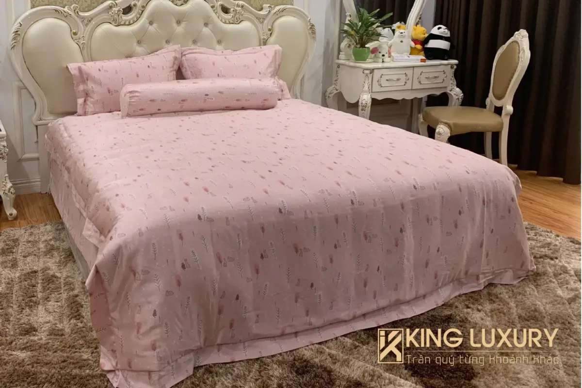 Bộ chăn ga Katakura Tencel Vườn thỏ Hồng