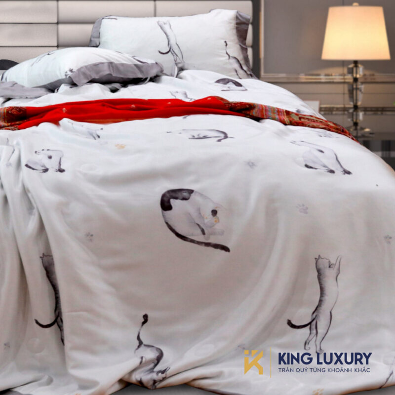 Bộ chăn ga Austin Horn Cotton Chú mèo Nghịch ngợm Trắng