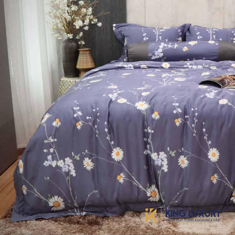 Bộ chăn ga Katakura Tencel Vườn Cúc Xanh Tím