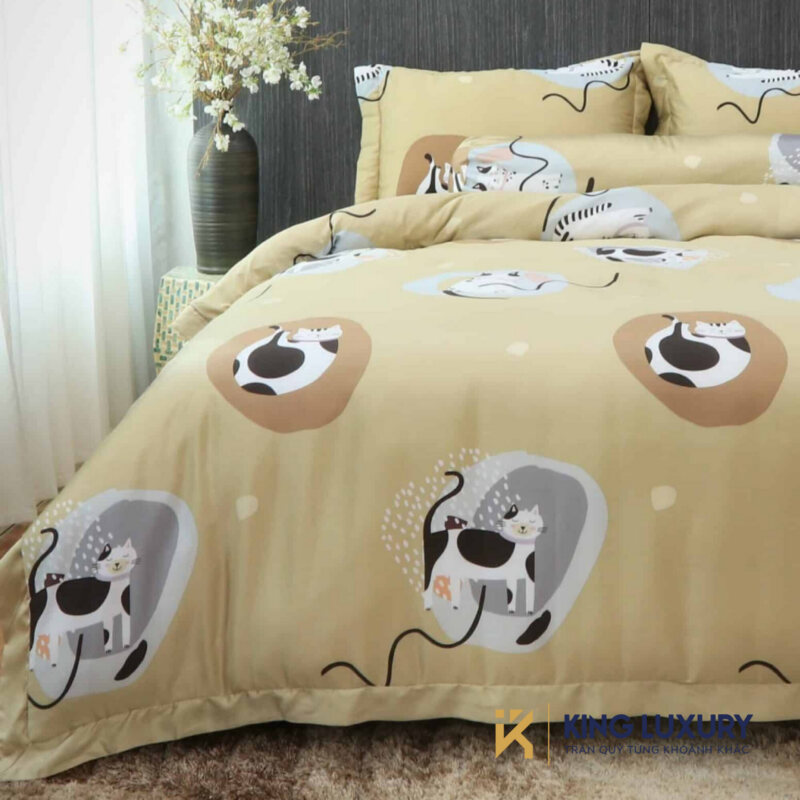 Bộ chăn ga Katakura Tencel Mèo Đốm Dễ Thương