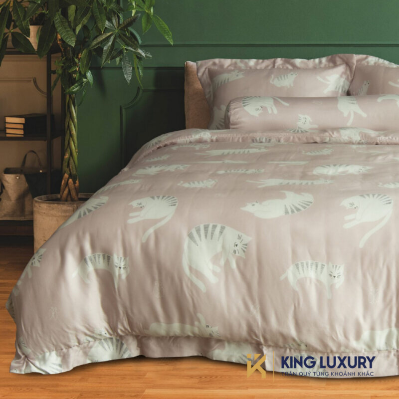 Bộ chăn ga Katakura Tencel Mèo Mơ Màng Hồng