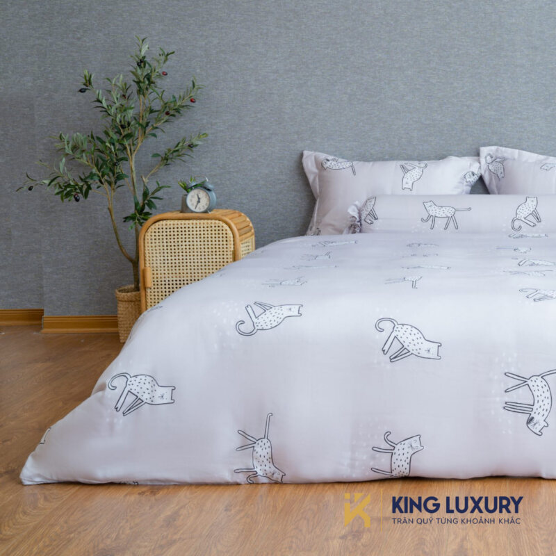 Bộ chăn ga Katakura Tencel Pro Mèo Ghi