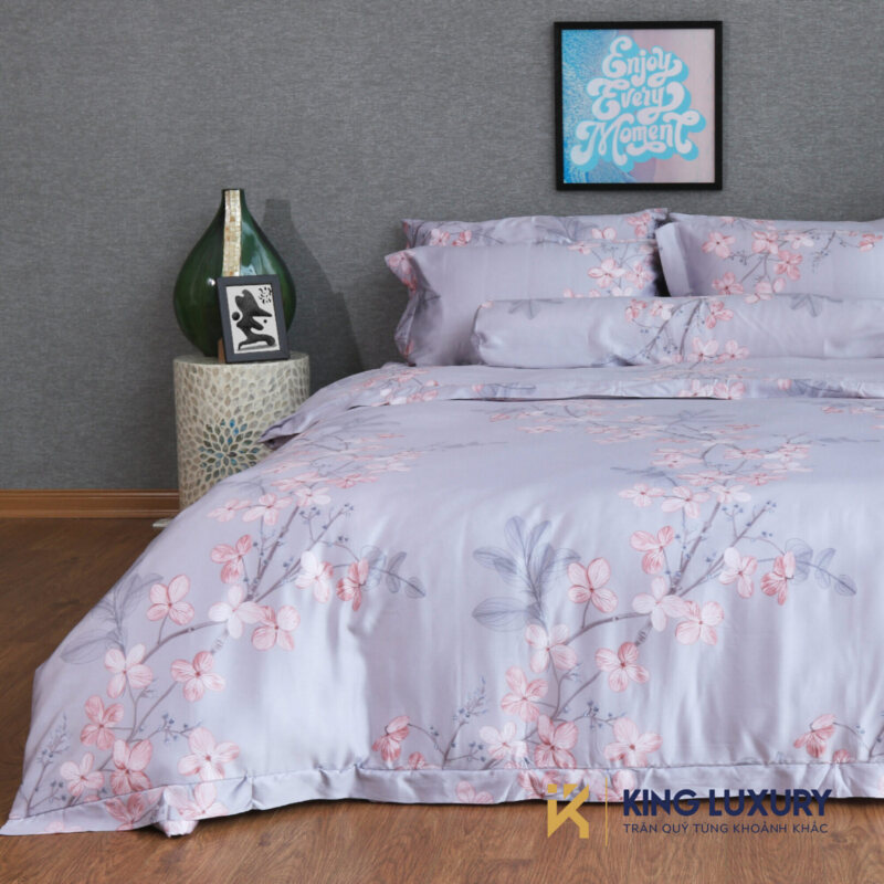 Bộ chăn ga Katakura Tencel Pro Phủ Hoa Xuân Ghi Hồng