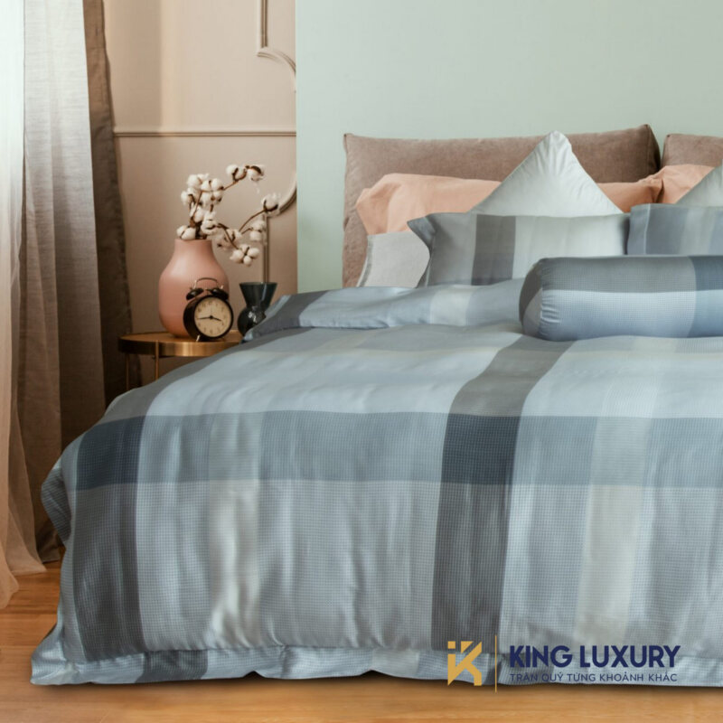 Bộ chăn ga Katakura Tencel Sọc Caro Xanh
