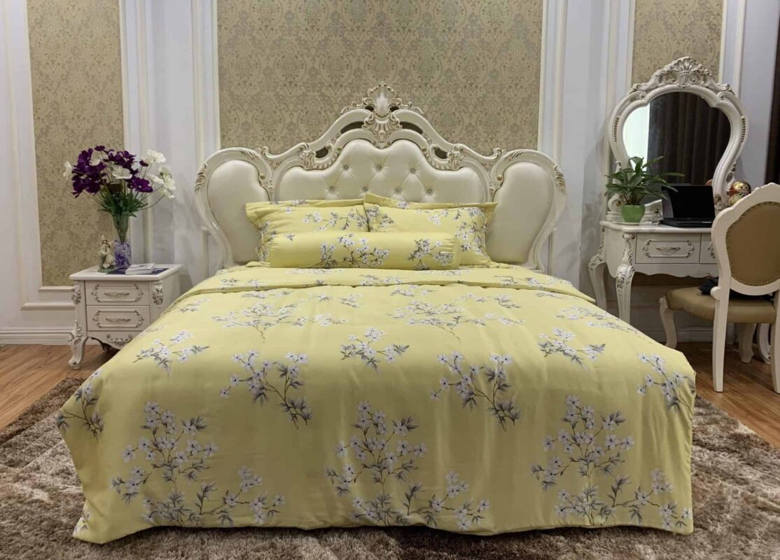 Bộ chăn ga Katakura Tencel Hoa Ngọc Thảo Vàng