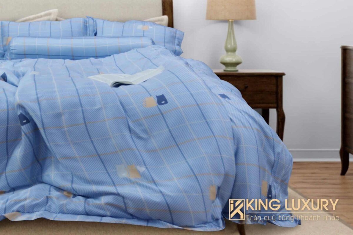 Bộ chăn ga Katakura Tencel Uyên ương mèo Xanh