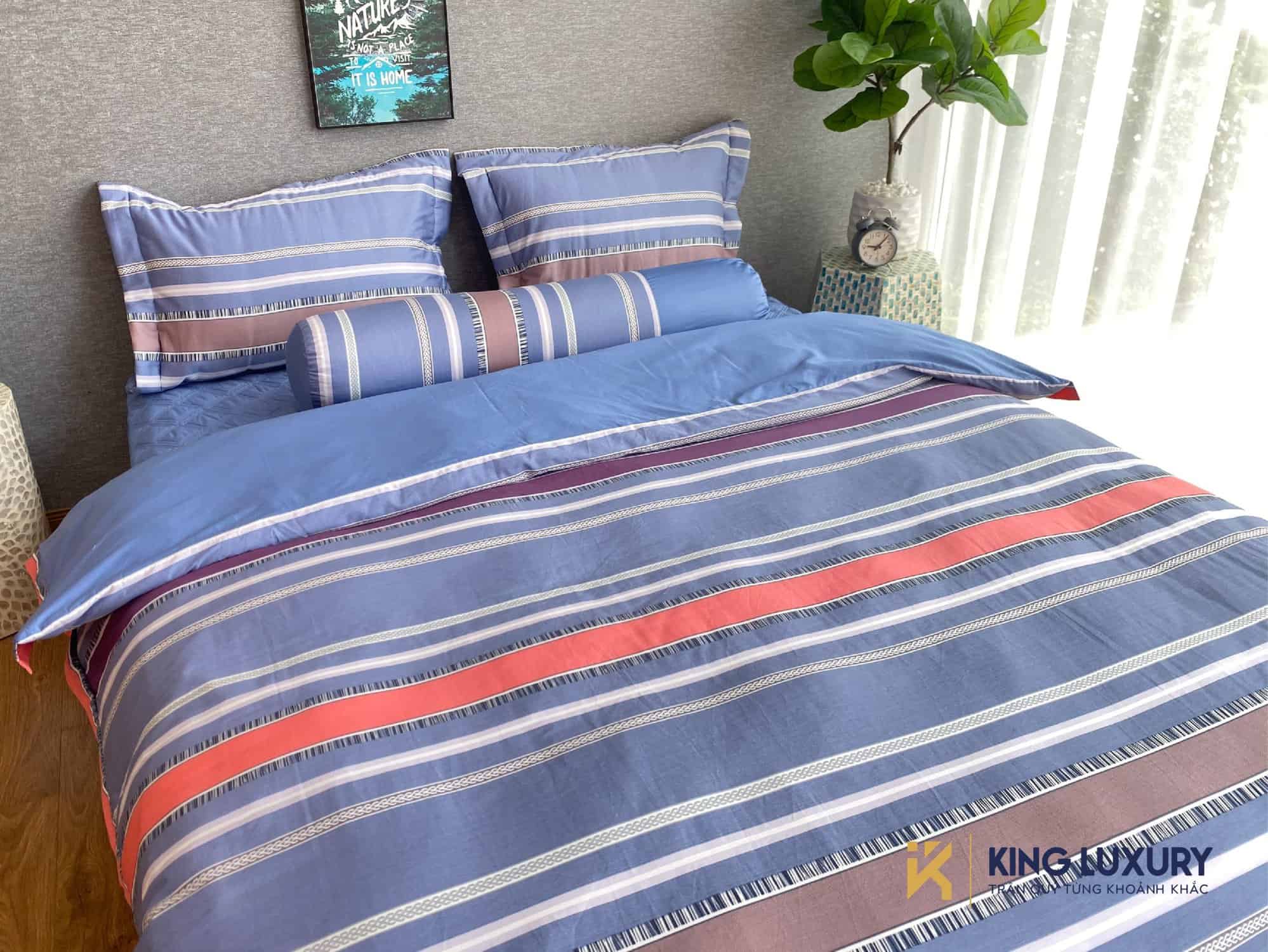 Bộ chăn ga Katakura Cotton Xanh Kẻ Sọc