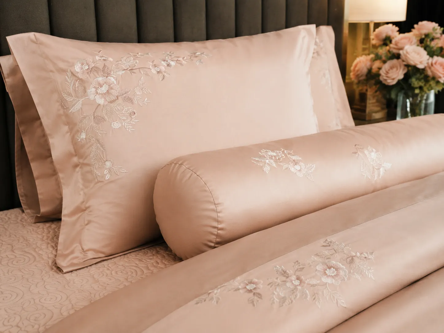 Bộ chăn ga Nature Home Tencel Cotton Flora màu hồng phấn